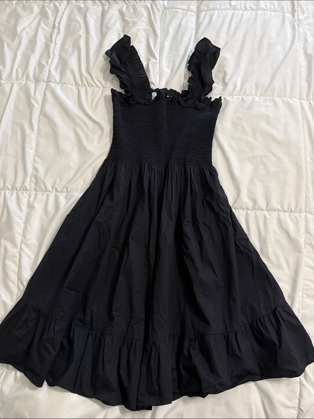 Hill House Black Smocked Midi Dress with Ruffle Straps